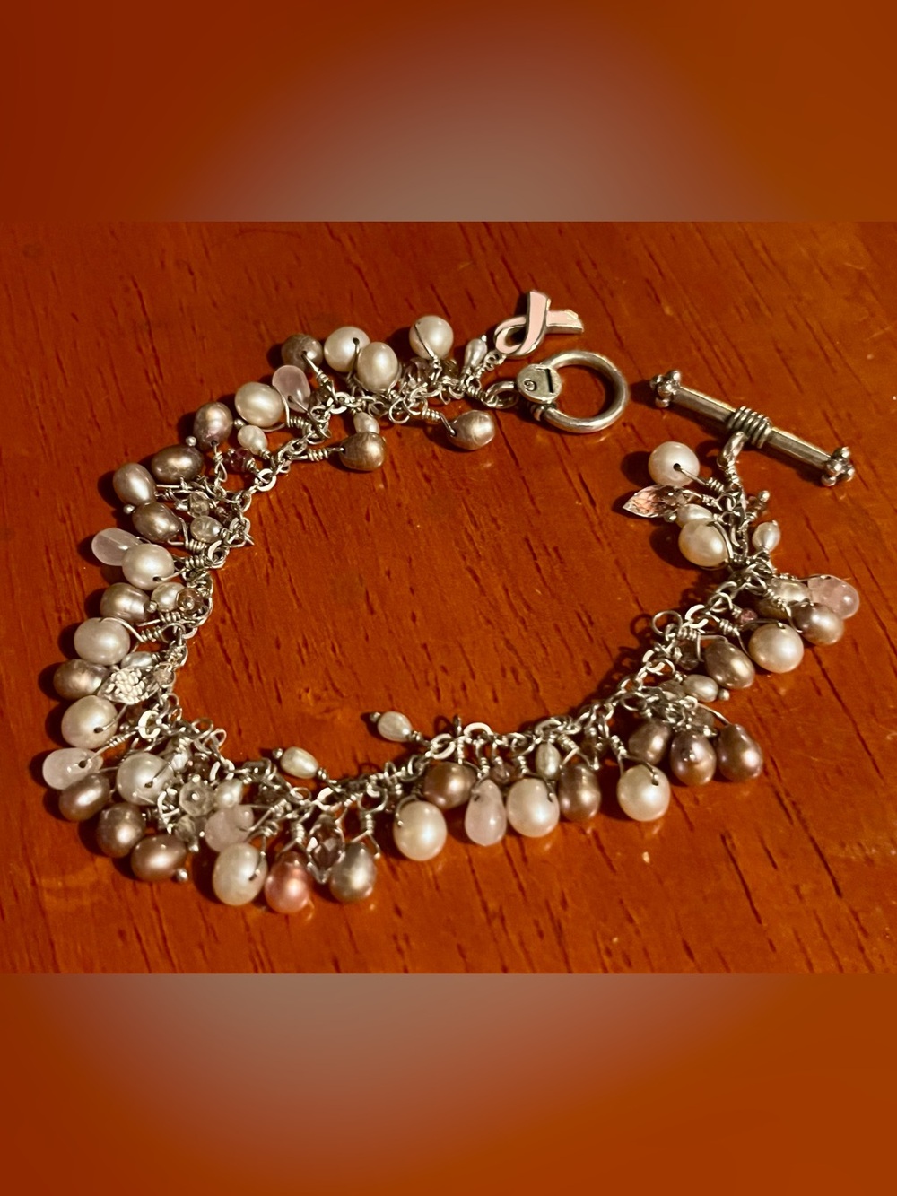 Breast Cancer Awareness Freshwater Pearl Charm Bracelet in Pearlescent Tones